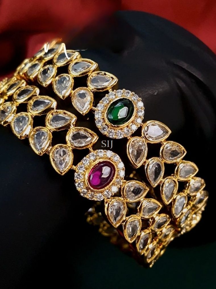 Gold Finish Pink& Green AD Studded Bangles