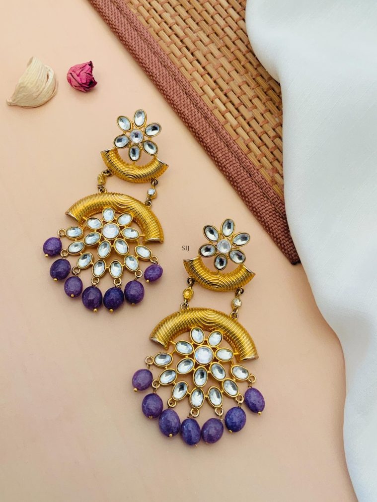 Gold Finish Purple Beaded Drop Kundan Earrings