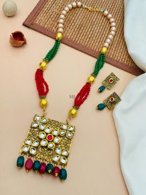 Gold Finish Red &Green Beaded Drop Kundan Necklace With Earrings