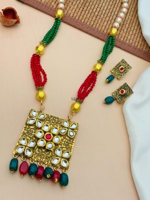 Gold Finish Red &Green Beaded Drop Kundan Necklace With Earrings