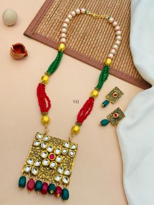 Gold Finish Red &Green Beaded Drop Kundan Necklace With Earrings