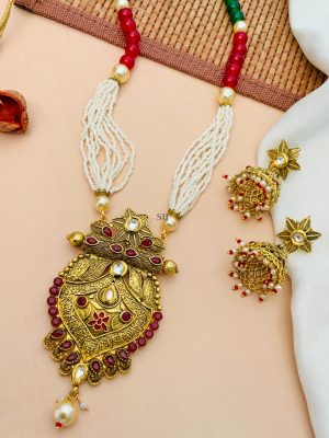 Gold Finish Red Kundan Pearl Necklace With Star Jhumkas