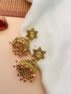 Gold Finish Red Kundan Pearl Necklace With Star Jhumkas