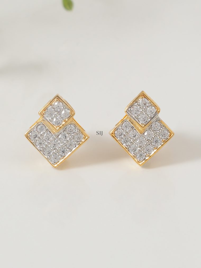 Gold Finish Square Shape CZ Diamond Ear Studs