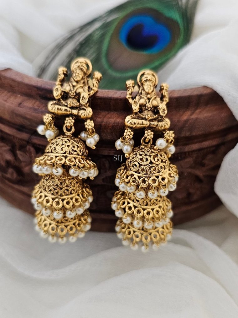 Gold Plated 3 Layer Pearl Drop Lakshmi Jhumkas