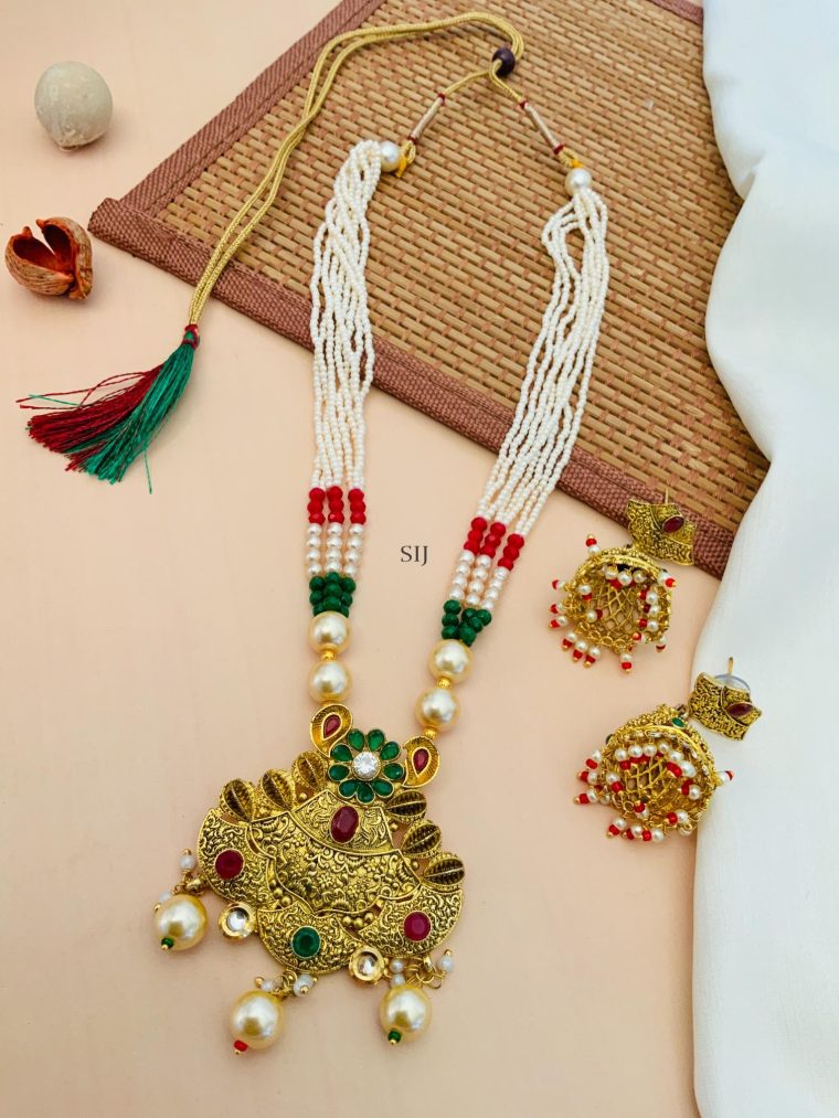 Gold Plated Flower Design Pearl Necklace With Jhumkas