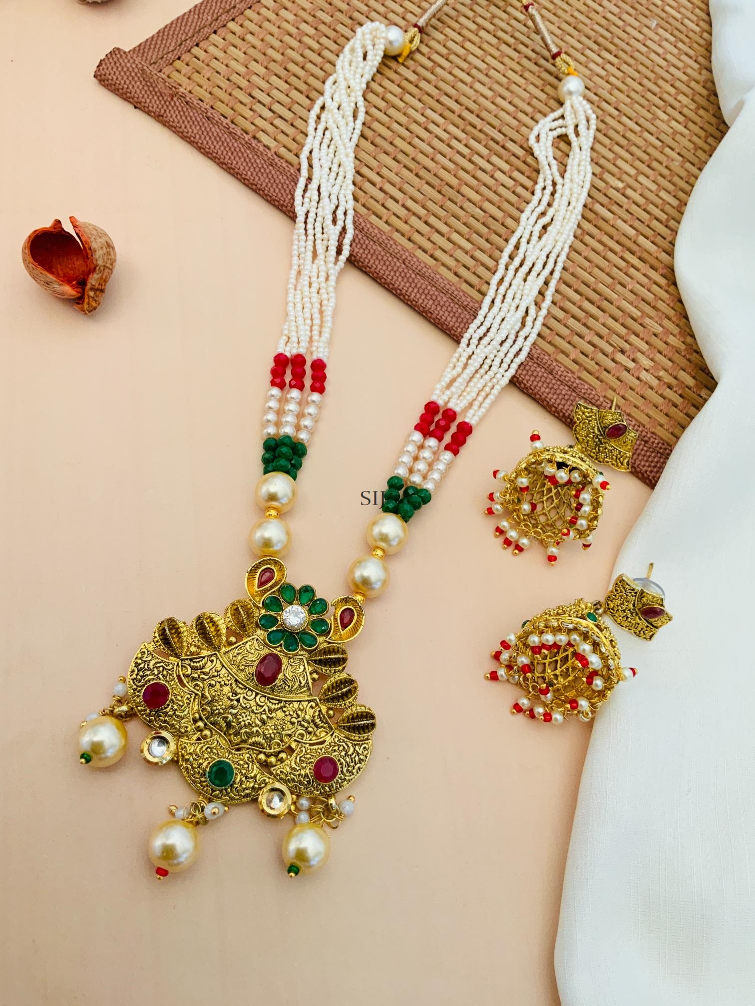 Gold Plated Flower Design Pearl Necklace With Jhumkas