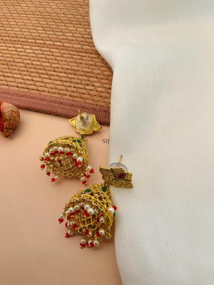 Gold Plated Flower Design Pearl Necklace With Jhumkas