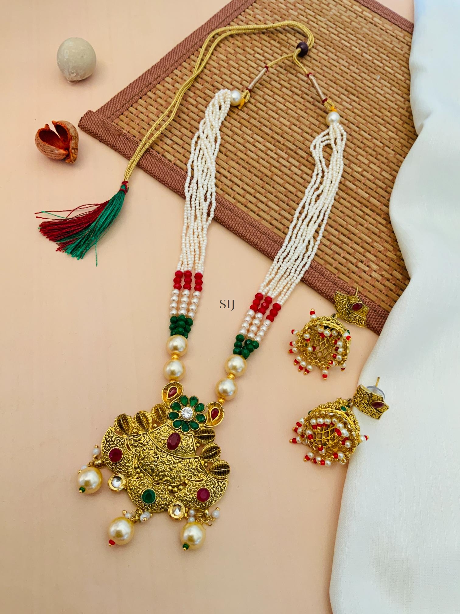 Gold Plated Flower Design Pearl Necklace With Jhumkas