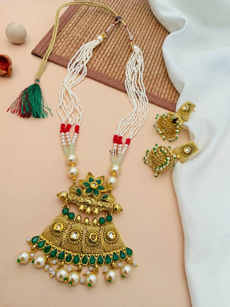 Gold Plated Green Kundan Pearl Necklace With Jhumkas