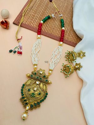 Gold Plated Green Kundan Pearl Necklace With Star Jhumkas