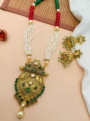 Gold Plated Green Kundan Pearl Necklace With Star Jhumkas