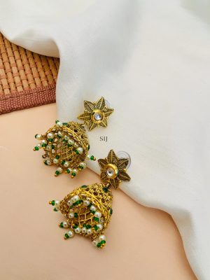 Gold Plated Green Kundan Pearl Necklace With Star Jhumkas