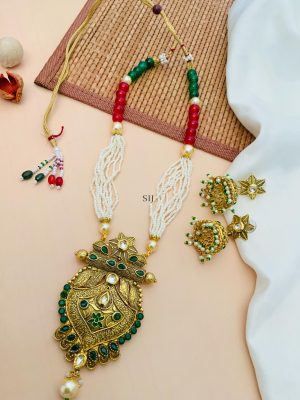 Gold Plated Green Kundan Pearl Necklace With Star Jhumkas