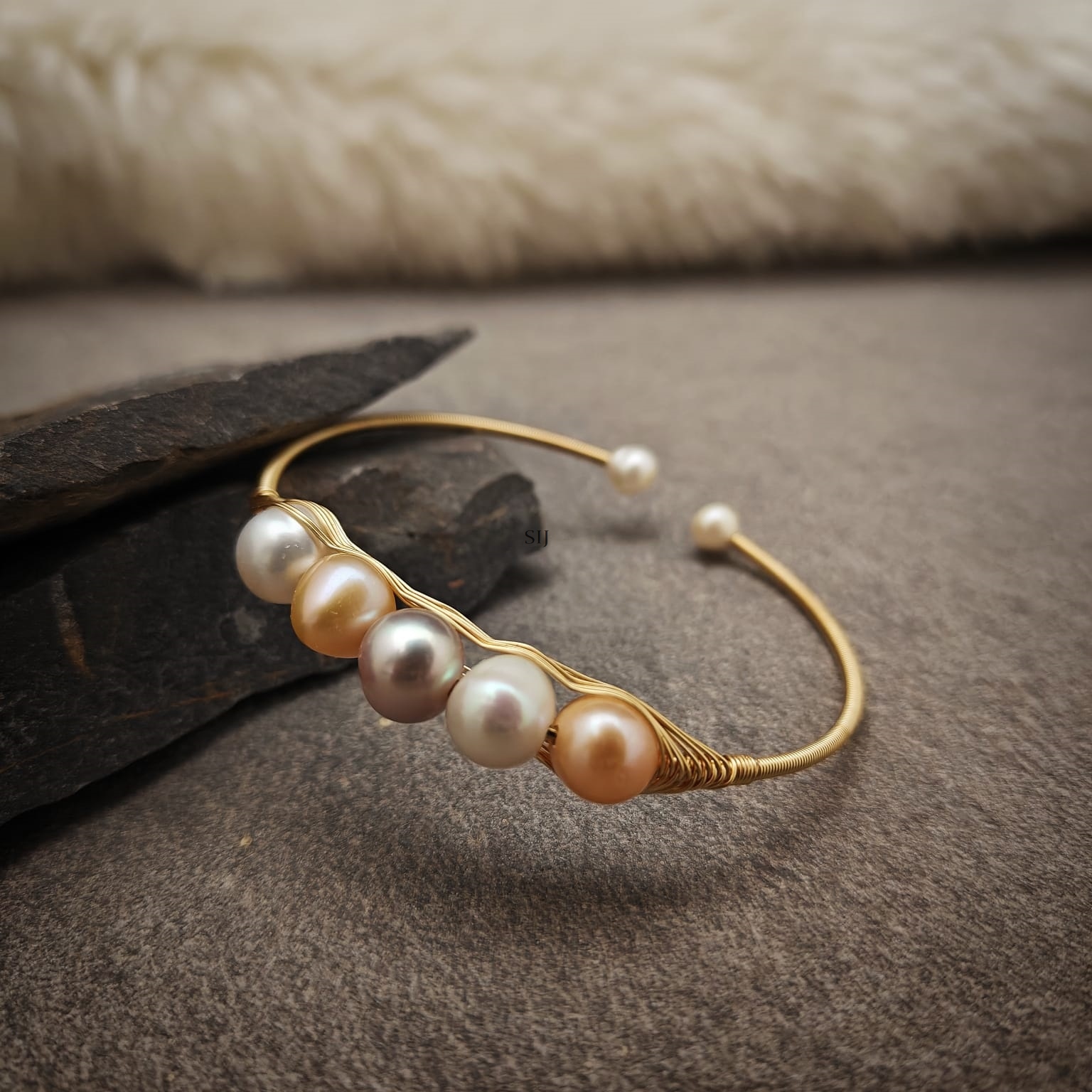 Gold Plated Multicolor Pearl Bangle Bracelet