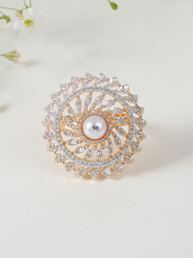 Gold Plated Pearl CZ Diamond Finger Ring