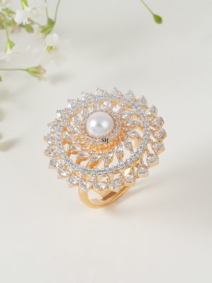 Gold Plated Pearl CZ Diamond Finger Ring