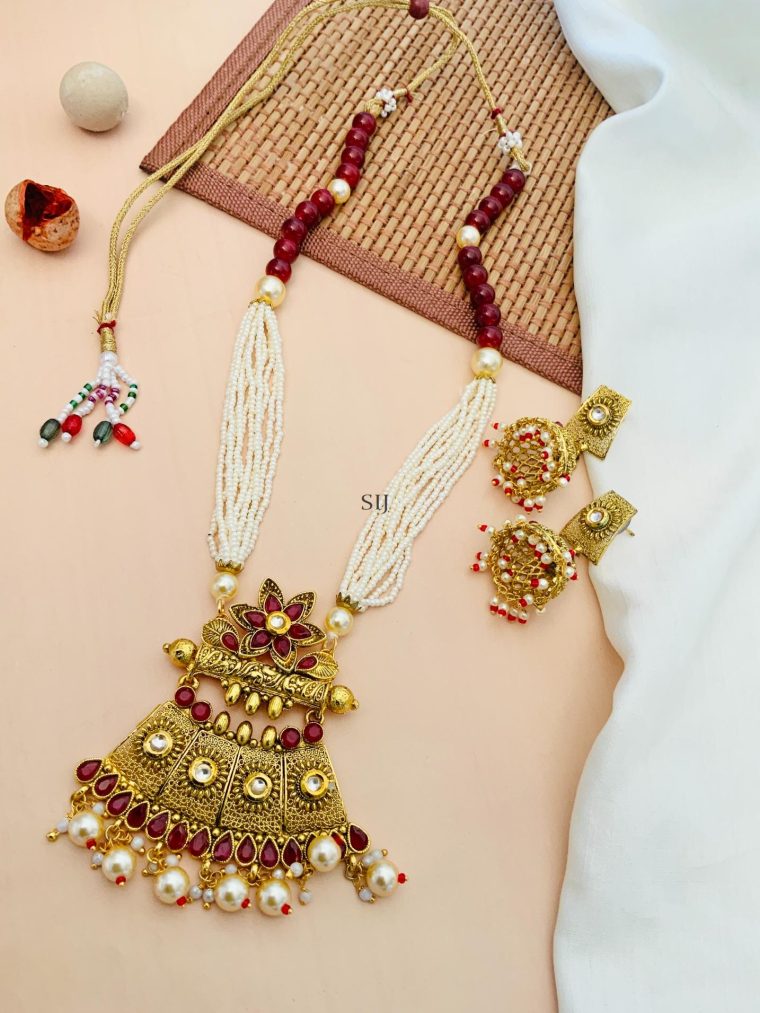 Gold Plated Red Kundan Pearl Necklace With Jhumkas