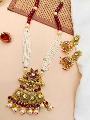 Gold Plated Red Kundan Pearl Necklace With Jhumkas