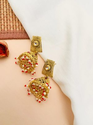 Gold Plated Red Kundan Pearl Necklace With Jhumkas