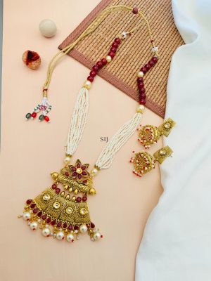 Gold Plated Red Kundan Pearl Necklace With Jhumkas