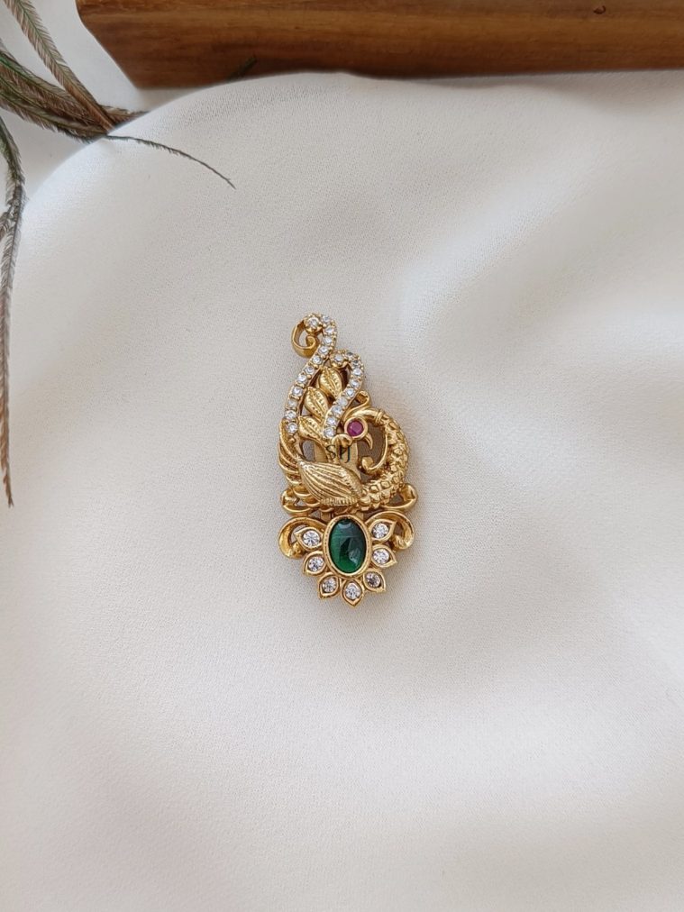 Green& Ruby Stone AD Peacock Design Saree Pin