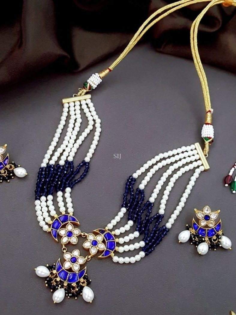 Half Moon Design Kundan Jadau Blue Stone Pearl Choker