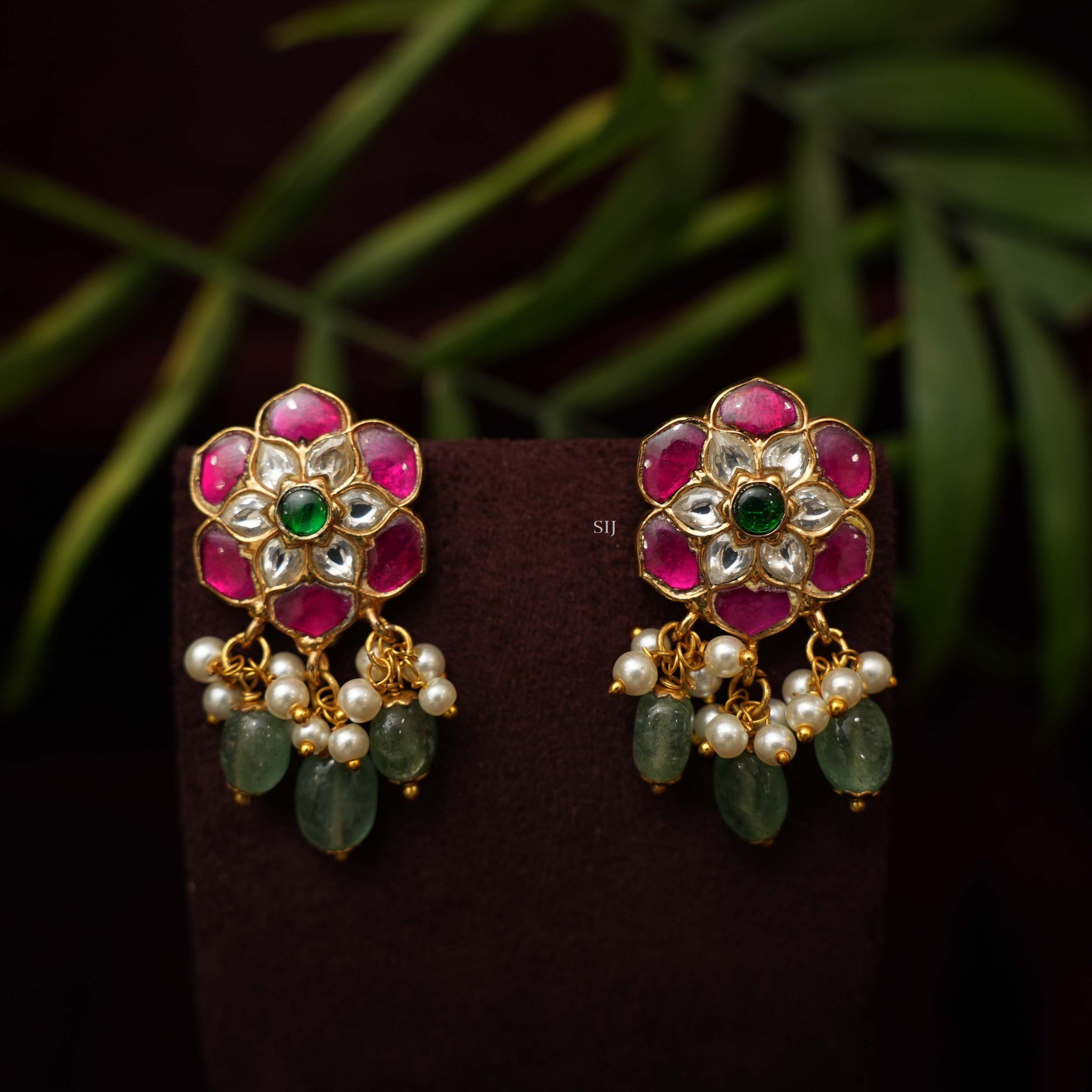 Gold Finish Floral Polki Earrings with Guttapusalu