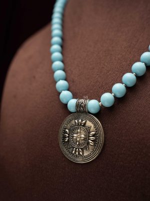 Round Design Oxidized Pendant Sky Blue Round Beads Chain