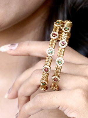 Imitation AD Studded Green &Red Stone Bangles