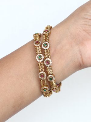 Imitation AD Studded Green &Red Stone Bangles