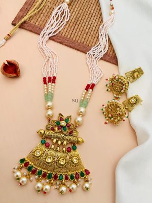 Imitation Flower Design Pearl Kundan Necklace With Jhumkas