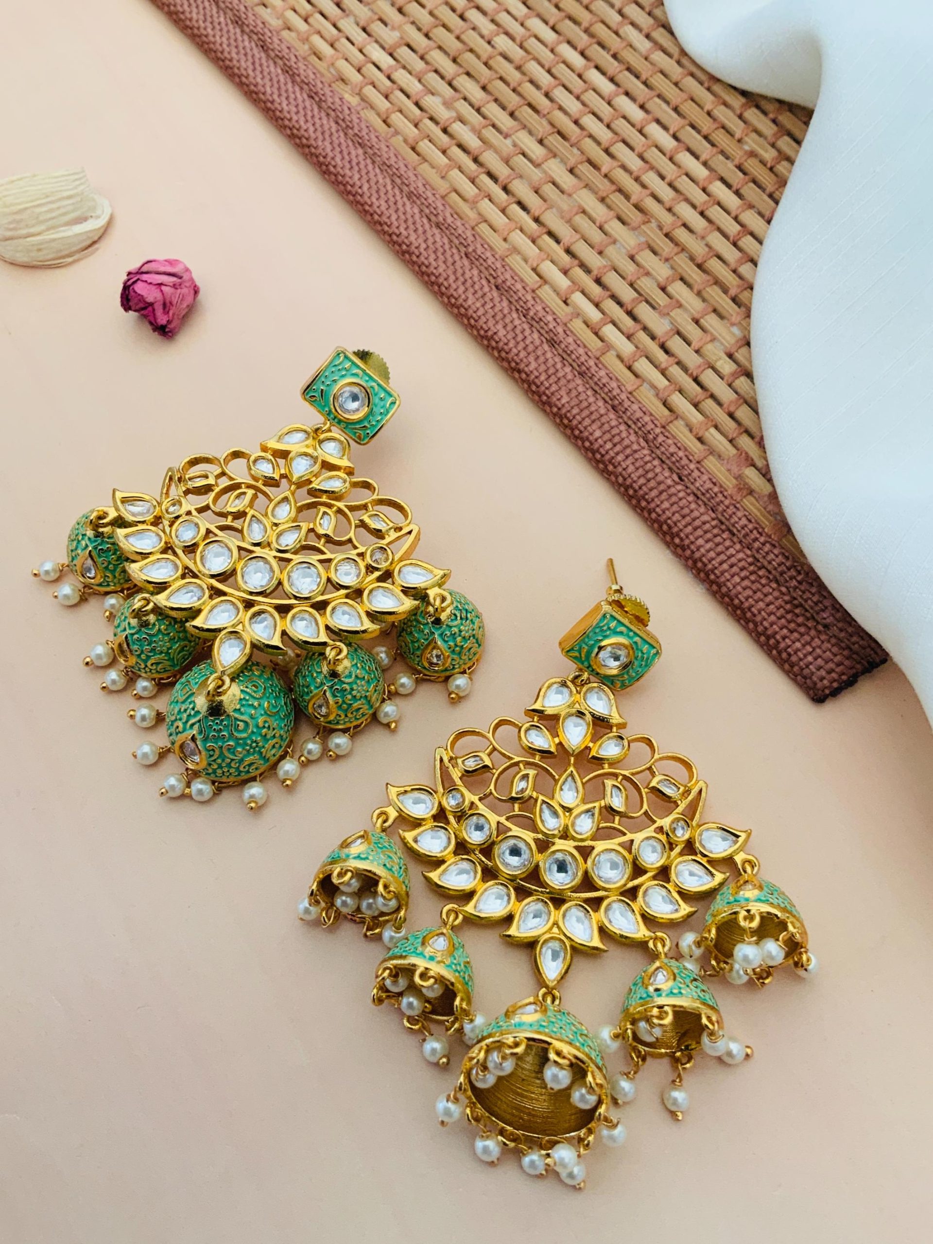 Imitation Green Colour Multi Jhumkas Kundan Earrings