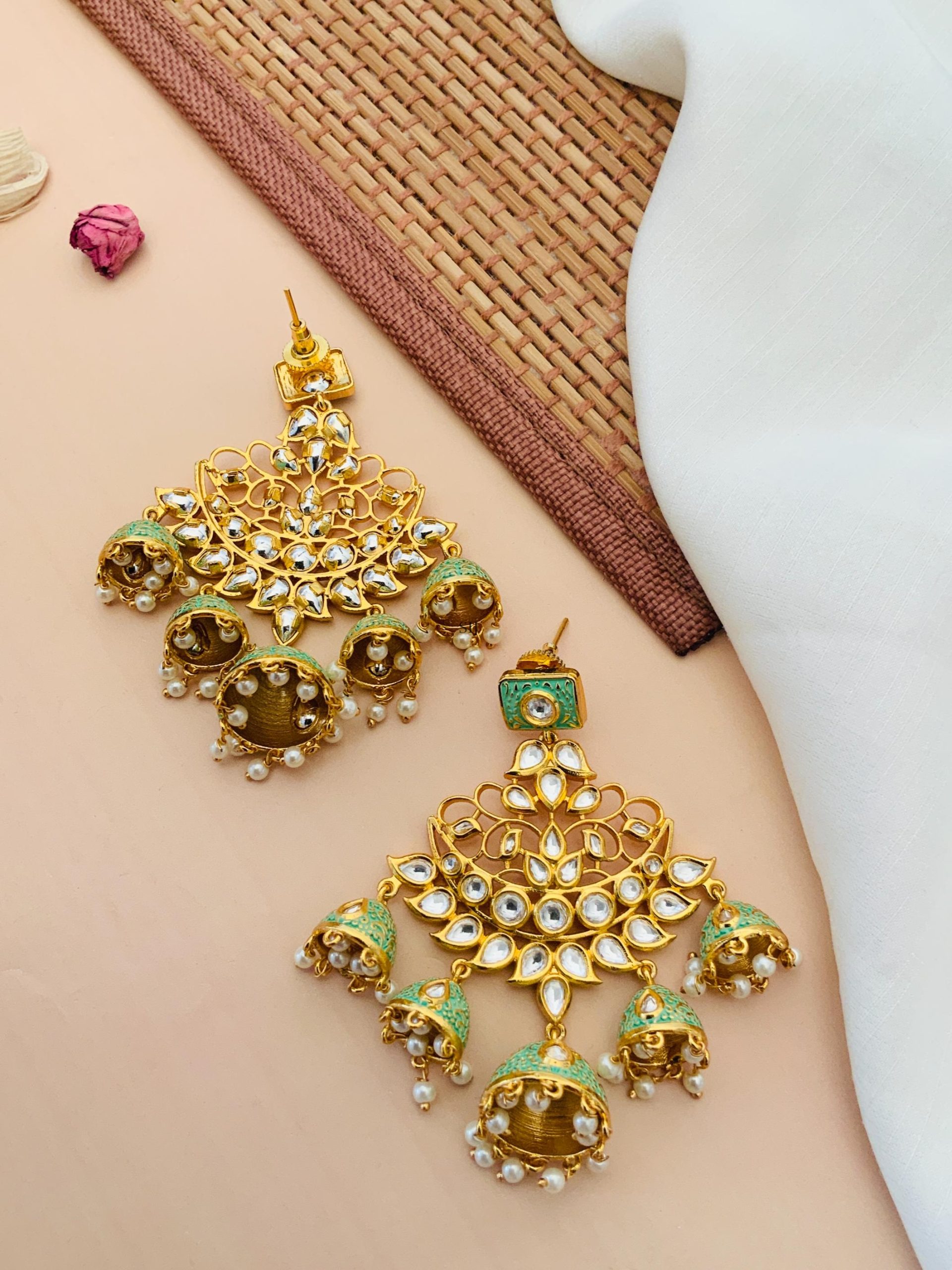 Imitation Green Colour Multi Jhumkas Kundan Earrings