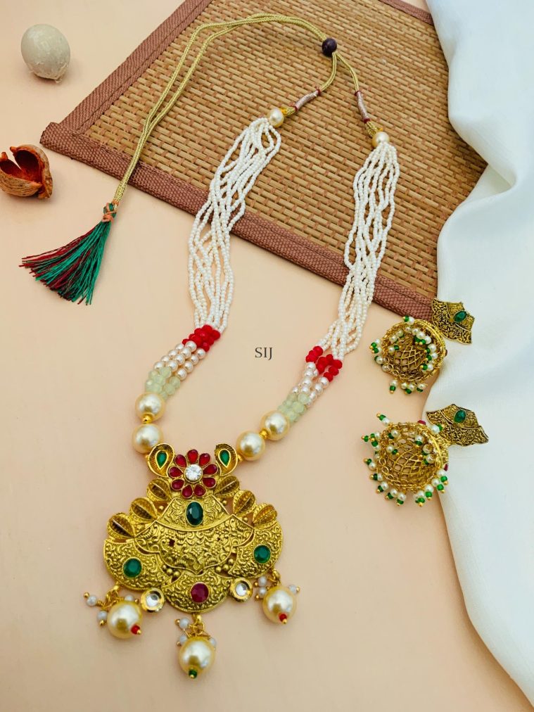 Imitation Pearl Drop Kundan Necklace With Jhumkas