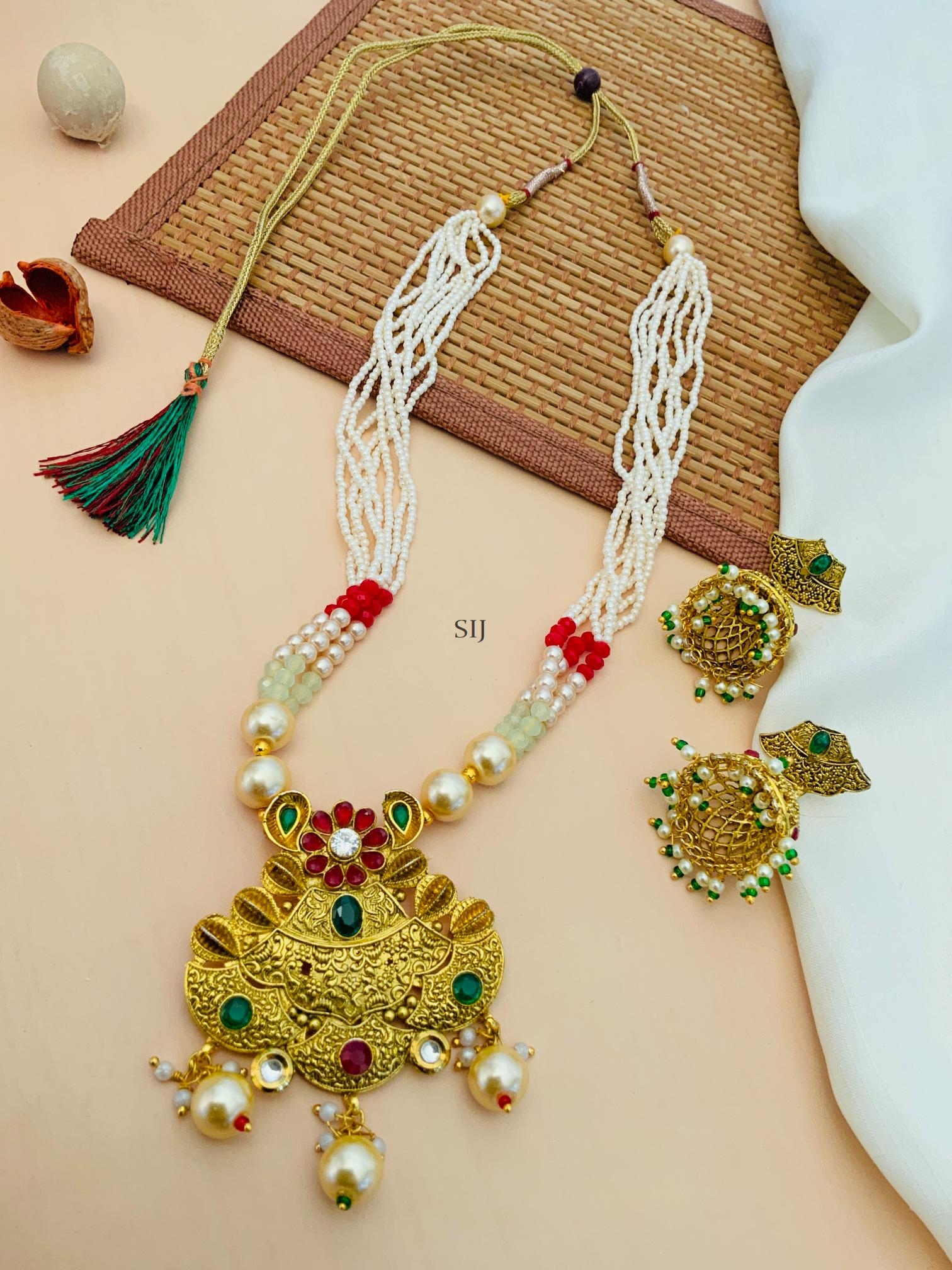 Imitation Pearl Drop Kundan Necklace With Jhumkas