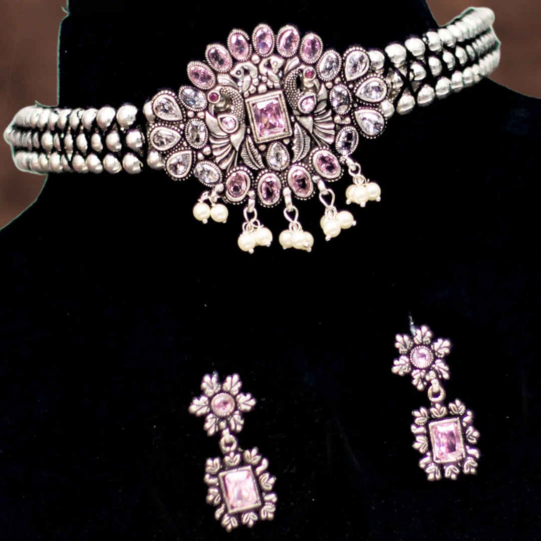 Imitation Pearl Drop Oxidized Thushi Pink Stone Choker