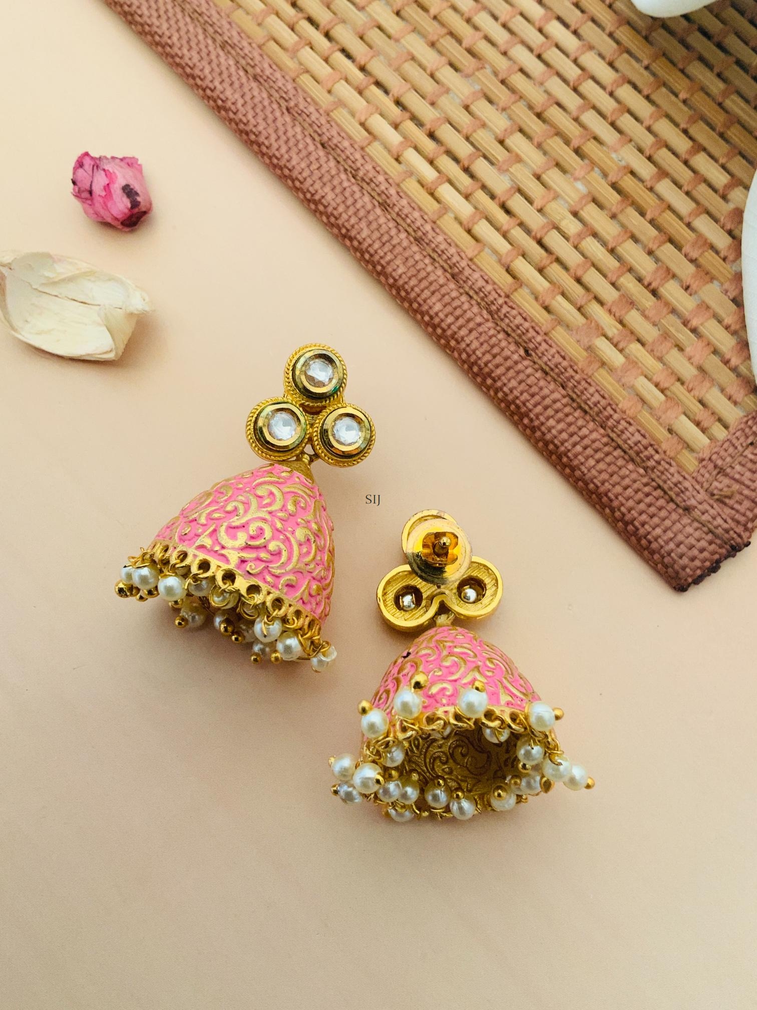 Imitation Pearl Drop Pink Colour Kundan Earrings