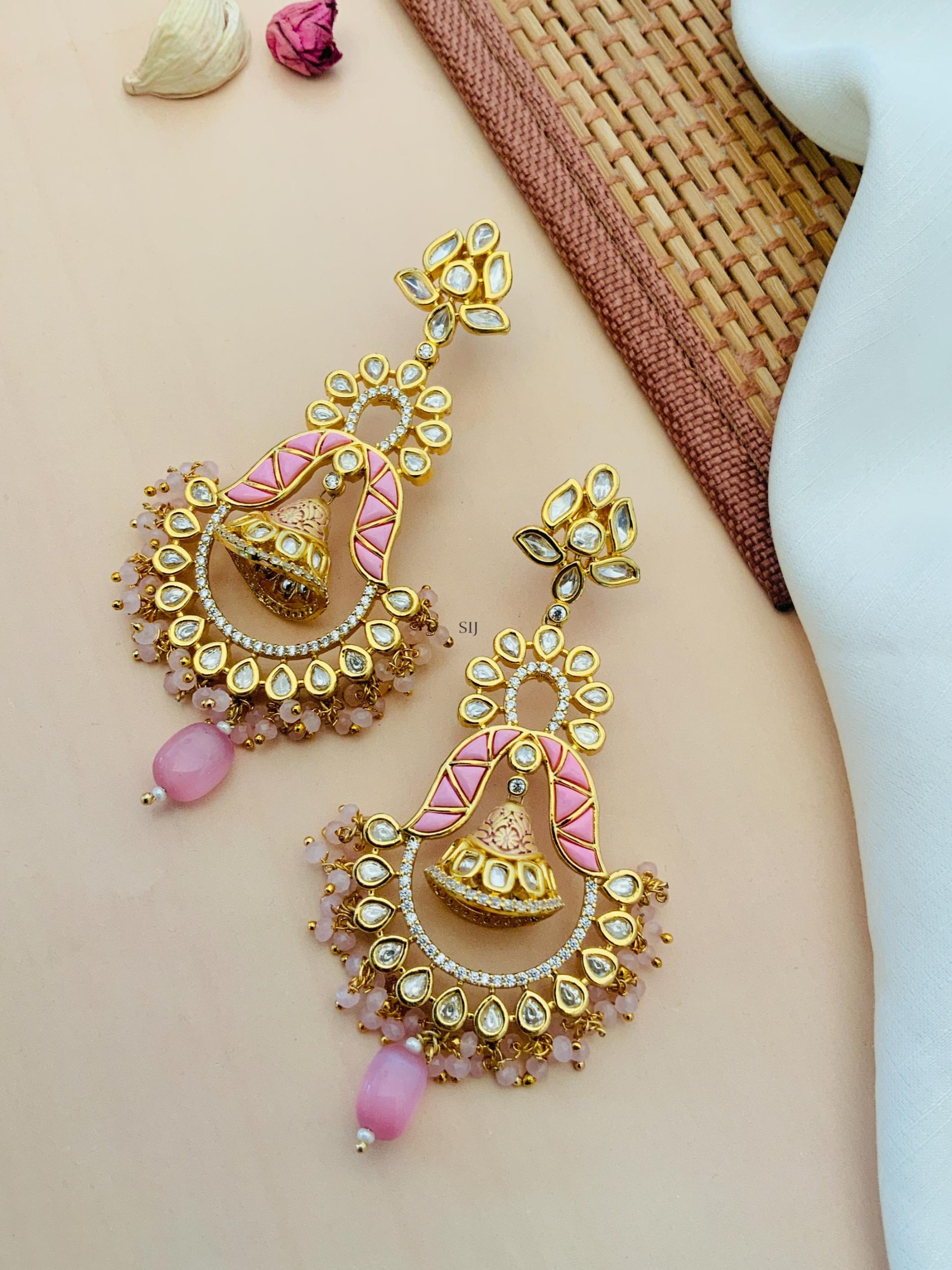 Imitation Pink Beaded Kundan Jhumkas