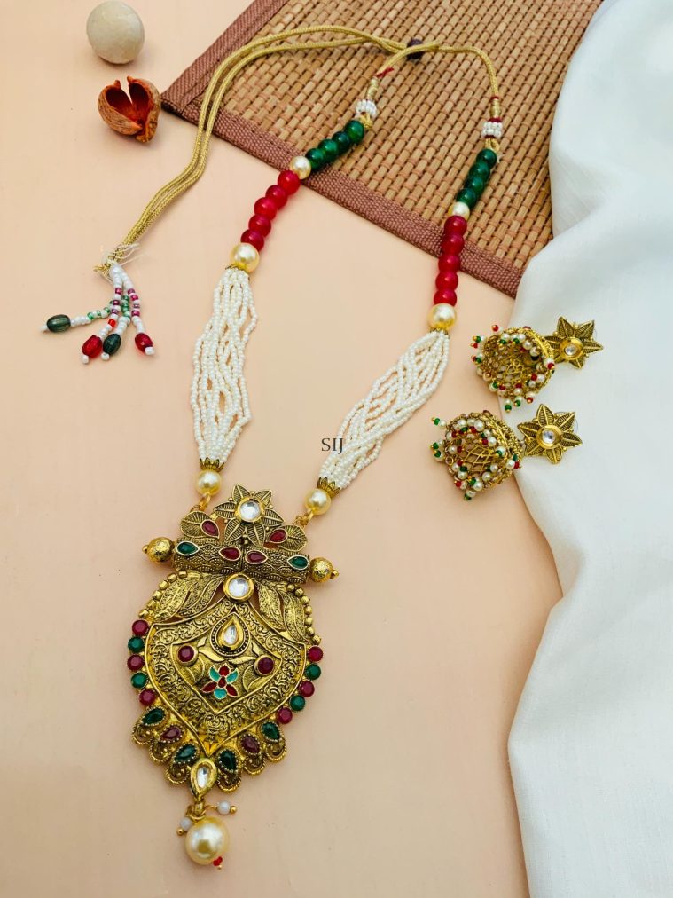 Imitation Red& Green Kundan Pearl Necklace With Star Jhumkas