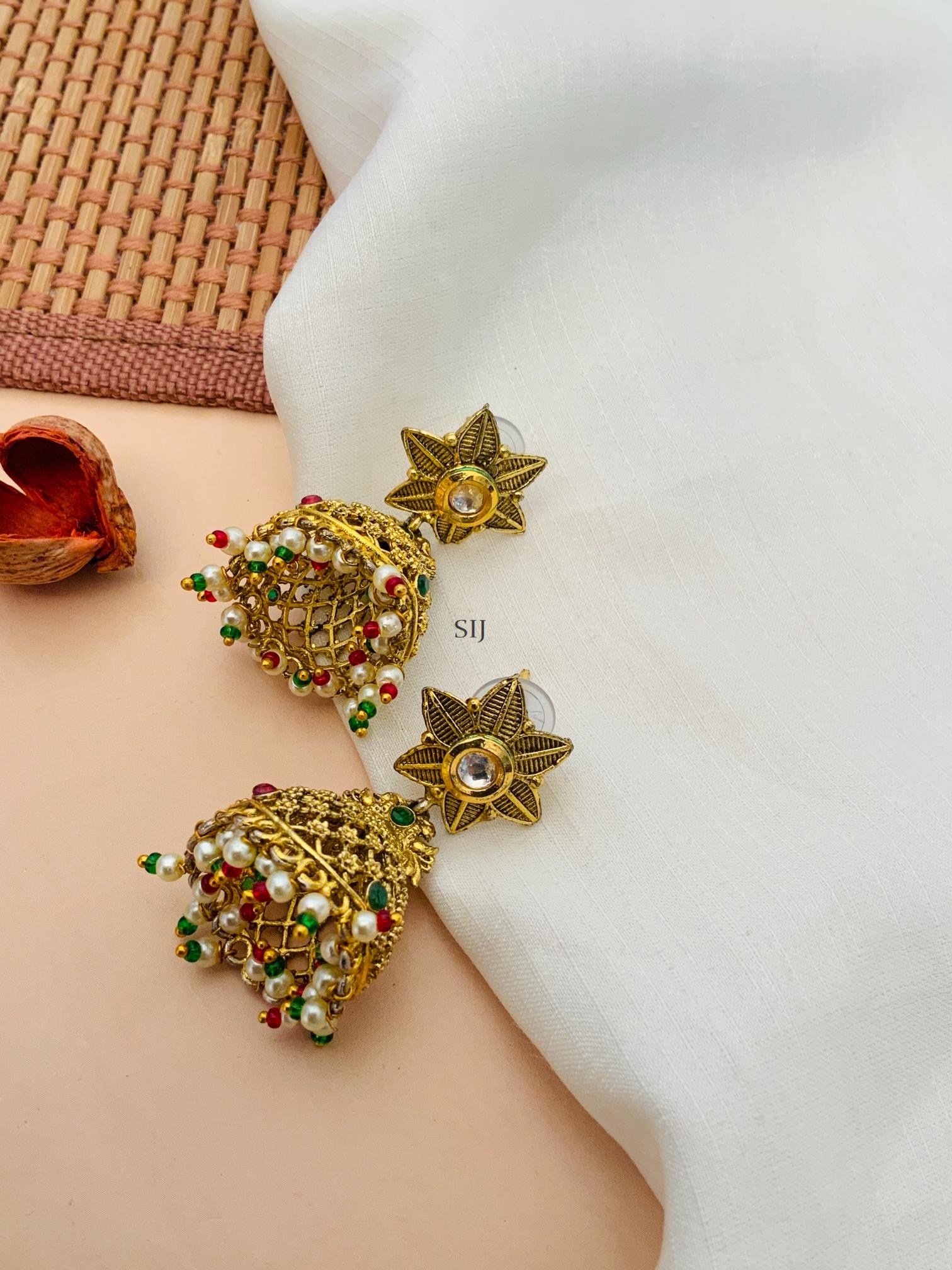 Imitation Red& Green Kundan Pearl Necklace With Star Jhumkas