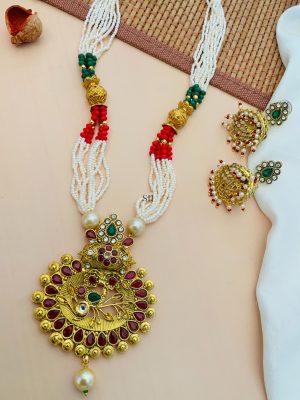 Imitation Red Kundan Pearl Necklace With Jhumkas