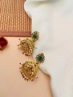 Imitation Red Kundan Pearl Necklace With Jhumkas