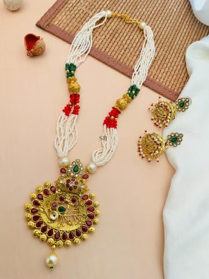 Imitation Red Kundan Pearl Necklace With Jhumkas