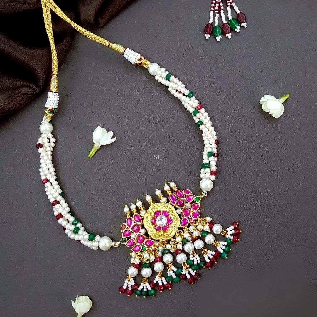 Imitation Red and Green Beaded Kundan& Pearl Necklace