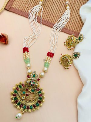 Leaf Design Red &Green Kundan Pearl Necklace With Jhumkas