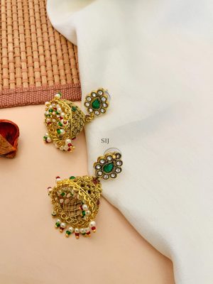 Leaf Design Red &Green Kundan Pearl Necklace With Jhumkas