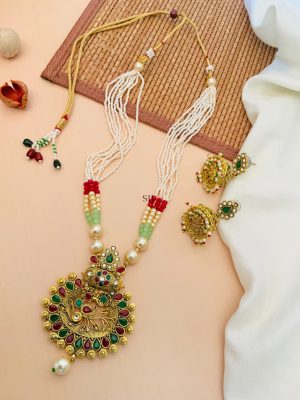 Leaf Design Red &Green Kundan Pearl Necklace With Jhumkas