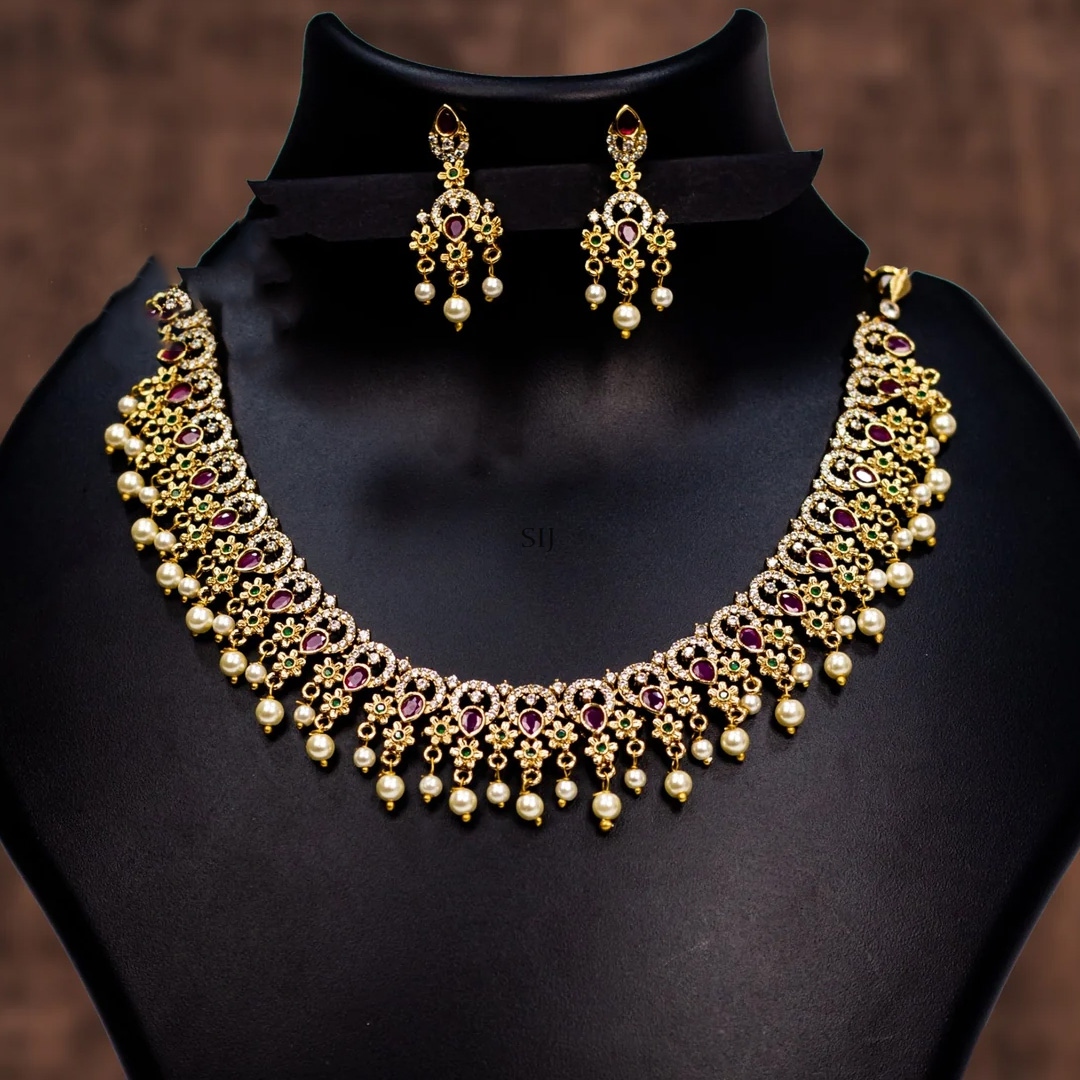 Matte Finish Pearl Drop Flower Necklace - South India Jewels