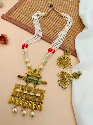 Matte Finish Pearl Drop Kundan Necklace With Jhumkas